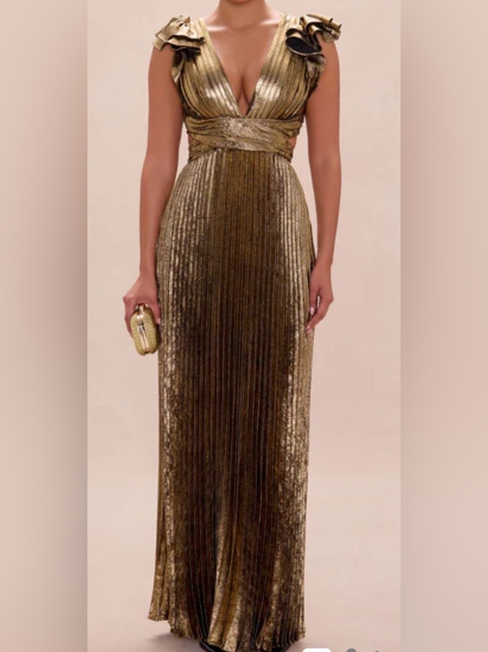 Fashion Nova Gold Metallic Pleated Maxi Dress